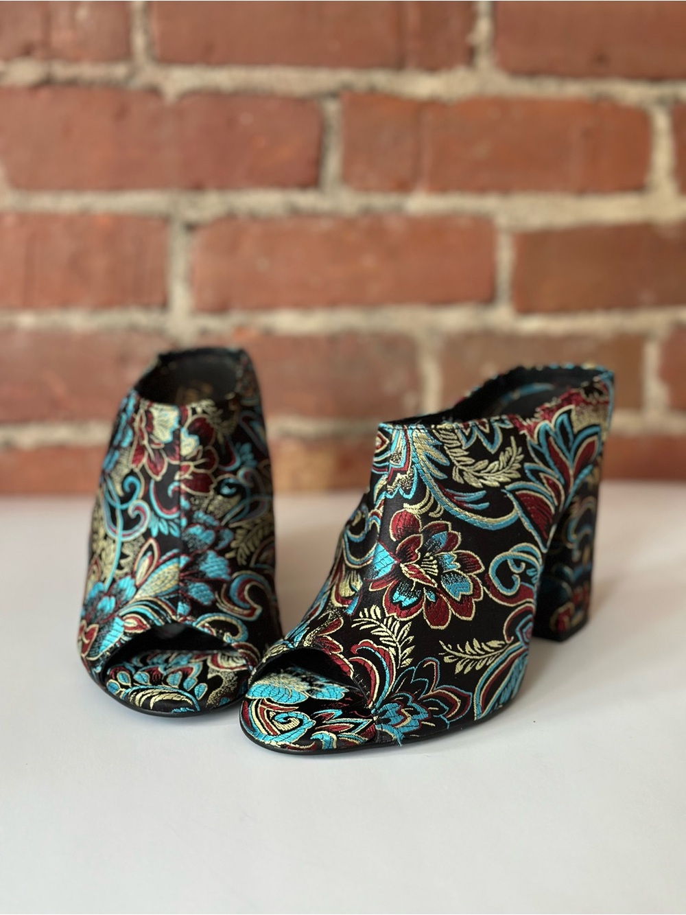 Brocade Mule Heels  Floral Tapestry Block Heel Shoes